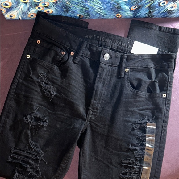 NWT American Eagle Airflex + Skinny Rip and Repair Black Jeans 34/30 - Picture 1 of 9